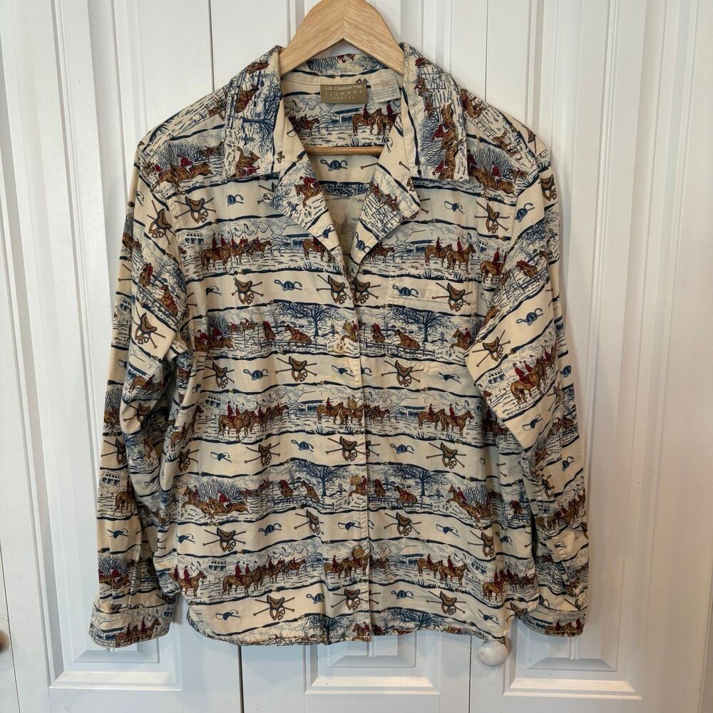 Liz Claiborne White And Blue Horse Pattern Button Down Shirt Size Large Petite